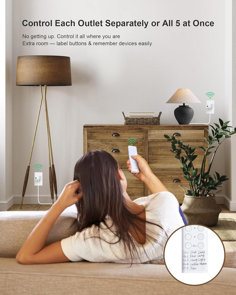 treewell Wireless Remote Control Outlet, 200FT Long Range Remote Light Switch, Mini Remote Outlet Plug, 15A/1875W High-Power for Lamps, Lights, Household Appliances, FCC & ETL Listed (5 Outlets + 2 Remotes) - Image 3